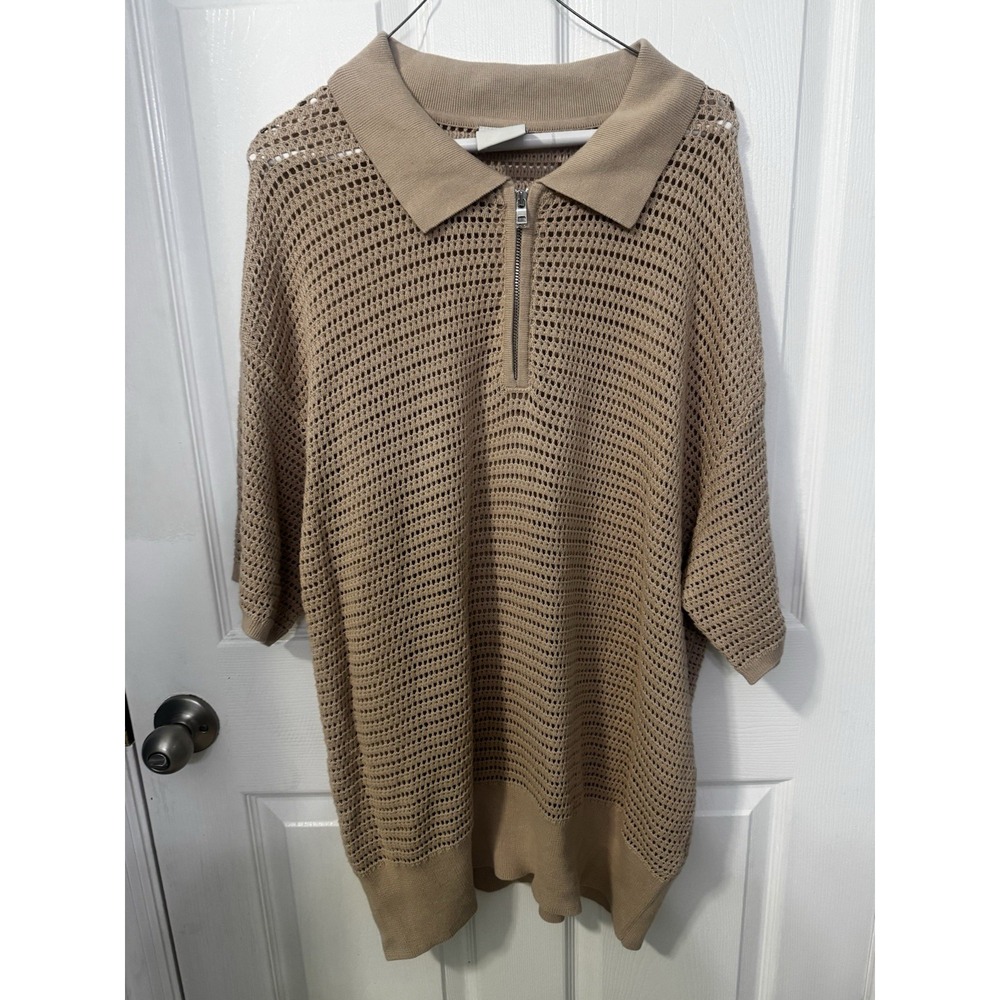 Varley Clayton Cotton Mesh Knit Polo Sweater Oversized Quarter Zip Size XL
